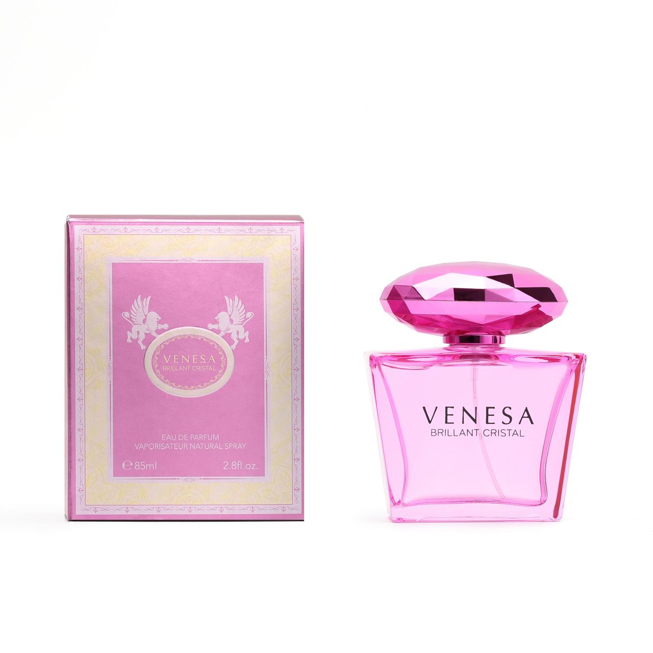 Pink Venesa perfume bottle and packaging on a white background