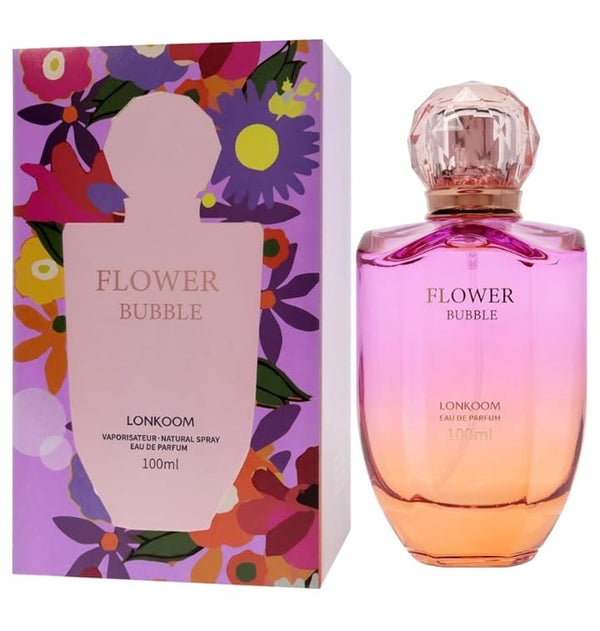 Lonkoom Flower Bubble perfume bottle and packaging with colorful floral design.